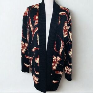 Le Serein Floral Knit Cardigan Sweater Open Front Women Large